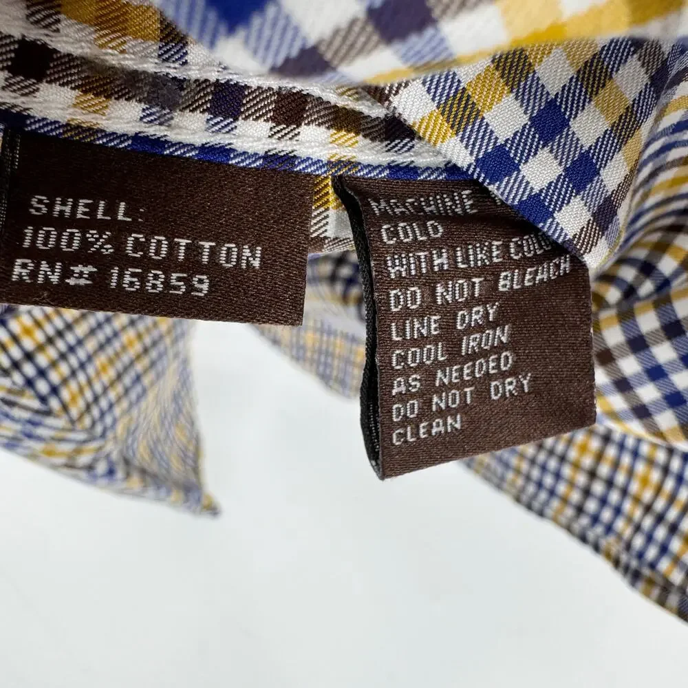 J McLaughlin Shirt Mens Large Button Down Blue Yellow Check Plaid Coastal Cotton